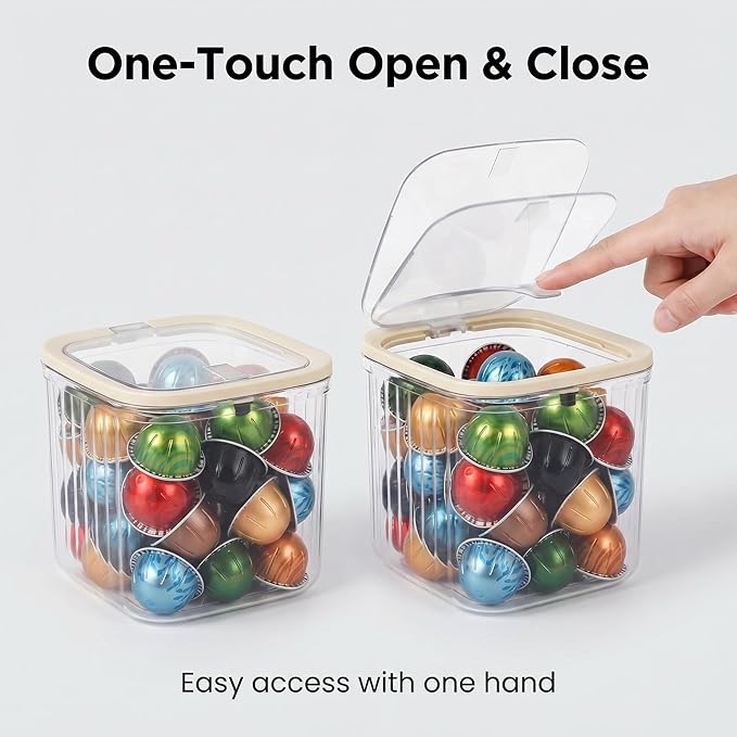 Clear Coffee Pod Holder with Lid, Coffee Pods Storage for Counter, Small Plastic Storage Bin for Nespresso & Keurig Pods, Kitchen Cabinet Organization and Pantry Food Storage Box for Countertop