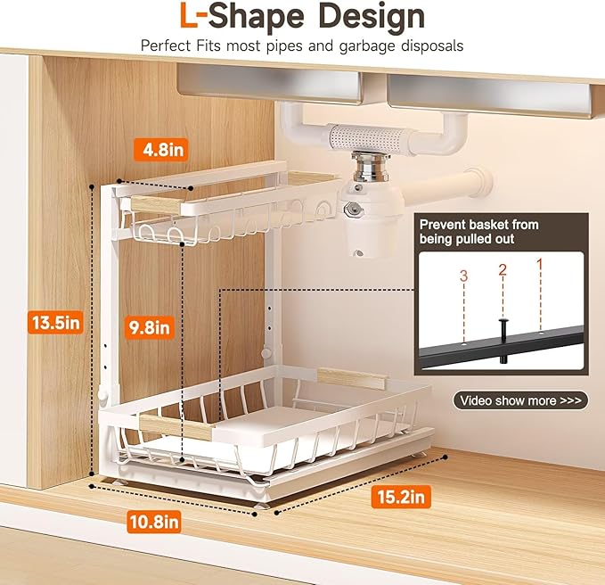 Sevenblue 2 Packs Under Sink Organizer, Height Adjustable 2 Tier Under Kitchen Sink Organizer, Multi-Purpose Storage Shelf for Kitchen Bathroom Cabinet (White, Extra Large)