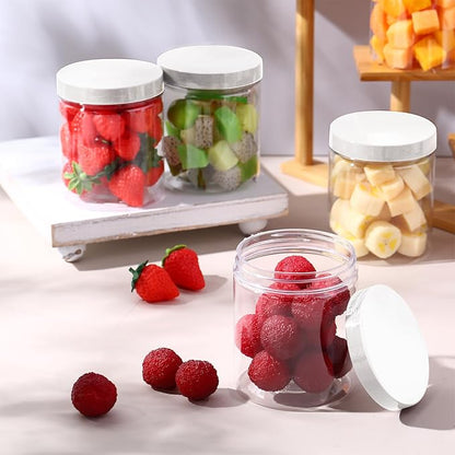Irenare 24 Pcs 16 oz Plastic Jars with Lids Clear Plastic Containers Wide Mouth Food Mason Jars Airtight Storage Containers for Cake, Dried Fruit, Honey, Nuts, Carft, Scrub Cream(White Lids)