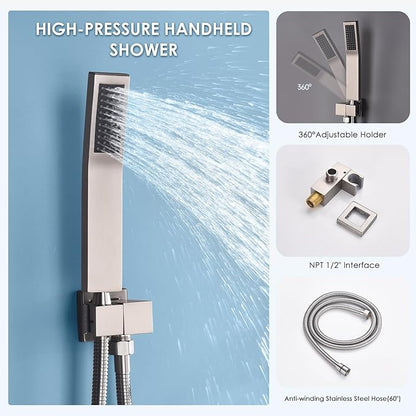 Thermostatic Rain Shower System, 12 Inch Wall Mounted Shower Faucet Set with 6 Body Spray Jets and Valve, Can Control Water Flow and Run All Together, Brushed Nickel