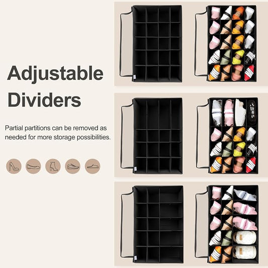 TOPIA HOME Shoe Organizer for Closet 2 Pack, Foldable Shoe Box with Adjustable Divider and Clear Cover, Space Saving Shoe Storage Organizer Cabinet with Reinforced Handles, Fits 40 Pair, Black, TP11B