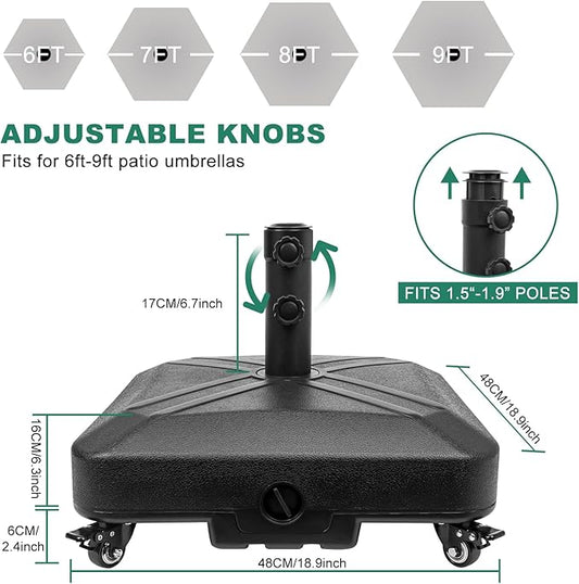 Patio Umbrella Base Heavy Duty with Wheels Square Market Stand for Outdoor 4 Locks 2 Knobs 125lb Capacity, Black