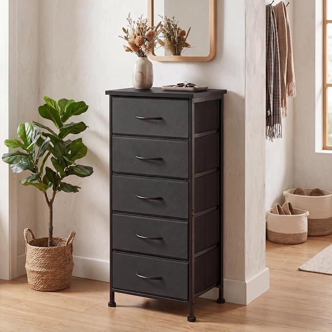 Fixwal Black Tall Skinny Dresser for Bedroom, Narrow Storage Dresser Organizer with 5 Fabric Drawers, Nightstand Furniture in Closet, Entryway, Hallway