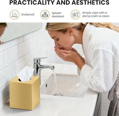 2 Pack Tissue Box Cover, Square Acrylic Tissue Holder, Decorative Facial Tissue Box Vessel Cube Paper Organizer Dispenser for Bathroom Office, Night Stand, Desk, Car, Vanity, Countertops, Gold