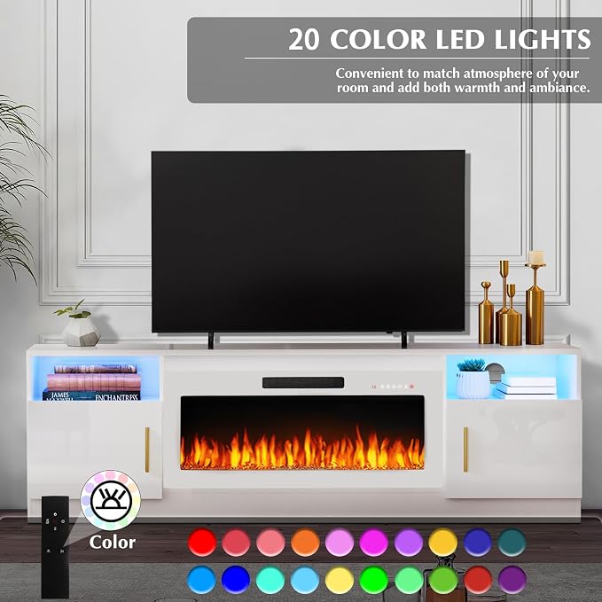 LEMBERI 70" TV Stand with 36" White Electric Fireplace, 750W/1500W Entertainment Center for TVs up to 80", 20-Color LED, 300lbs Max Capacity High Gloss Cabinet Console, All-White Style