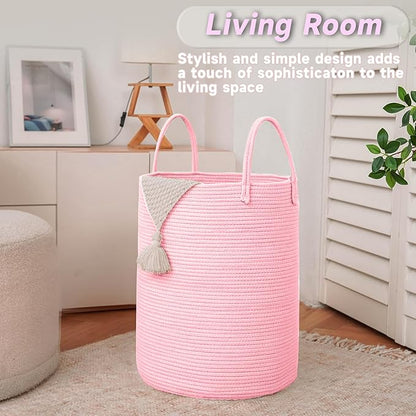 JMvicyroam Large Woven Laundry Basket Hamper,60L Cotton Rope Storage Bin for Blankets,Toys and Clothes,Decorative Tall Nursery Hamper for Living Room,Baby Nursery,Bathroom and Bedroom,Pink