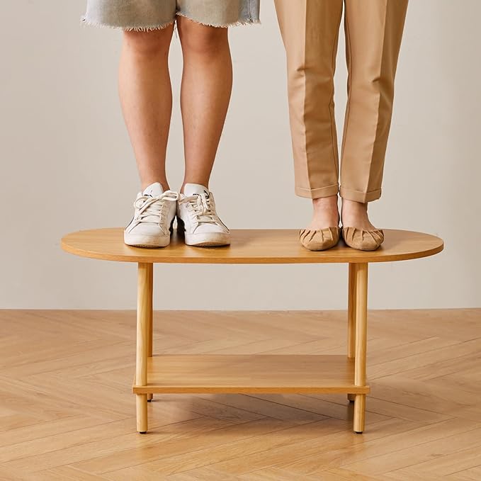 Aibiju Wooden Tea Table Small Coffee Table, 2 Tier Coffee Table for Living Room, 35x16x17inch Tea Table Stand with Storage Shelf Natural Wood Color YD-012N