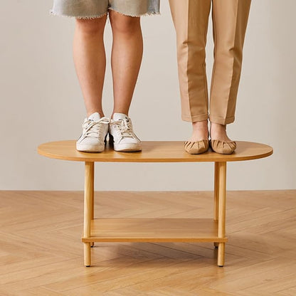 Aibiju Wooden Tea Table Small Coffee Table, 2 Tier Coffee Table for Living Room, 35x16x17inch Tea Table Stand with Storage Shelf Natural Wood Color YD-012N