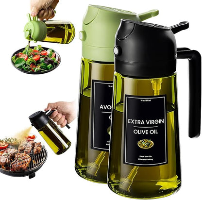 CXINYI - 16oz/470ml Olive Oil Dispenser for Kitchen with Stickers - 2 in 1 Olive Oil Sprayer for Cooking, Air Fryer, and Salad, Black&Green (Light-Proof Kitchen Gadget)