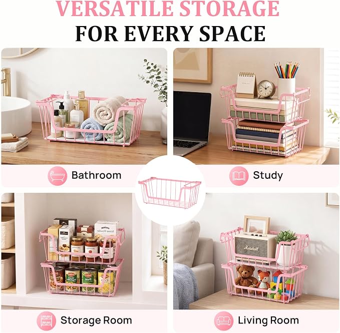 SUNALLY Stackable Storage Bins 4 Pcs Wire Baskets for Pantry Organizers and Storage, Vegetable Fruit Storage Basket for Countertop Organizer,Kitchen Baskets for Onion Potato Snack Cans Storage,Pink