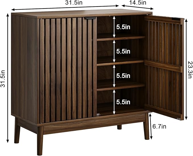 Shoe Cabinet with Slatted Doors, 4-Tier Freestanding Shoe Cabinet Storage for Entryway, Narrow Entryway Shoe Organizer Cabinets with Shelves (Walnut, 31.5" Wide)