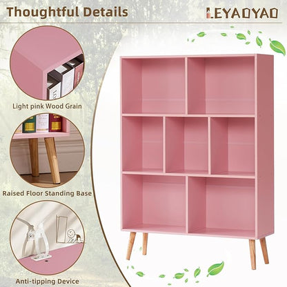 LEYAOYAO Cube Bookshelf 3 Tier Mid-Century Light Pink Modern Bookcase with Legs,Retro Wood Bookshelves Storage Organizer Shelf,Freestanding Open Book Shelves for Bedroom,Living Room,Office