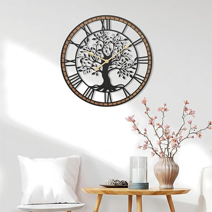 Micasso Non-Ticking Large Wall Clock: 27Inch Tree of Life Metal Black with Solid Wood Frame - Battery Operated Silent Clock for Living Room/Office/Bedroom/Kitchen - Home Decor for Porfessional