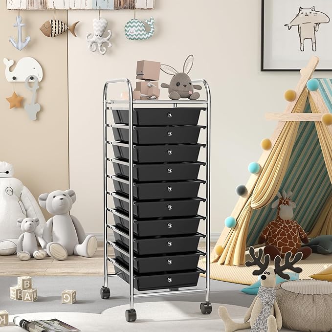 RELAX4LIFE 10 Drawer Rolling Cart, Slim Storage Cart w/Lockable Wheels for Classroom School Teacher Office, Art Supplies Paper Scrapbook Craft Organizers, Utility Cart with Drawers (Black)