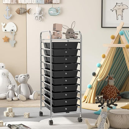 RELAX4LIFE 10 Drawer Rolling Cart, Slim Storage Cart w/Lockable Wheels for Classroom School Teacher Office, Art Supplies Paper Scrapbook Craft Organizers, Utility Cart with Drawers (Black)