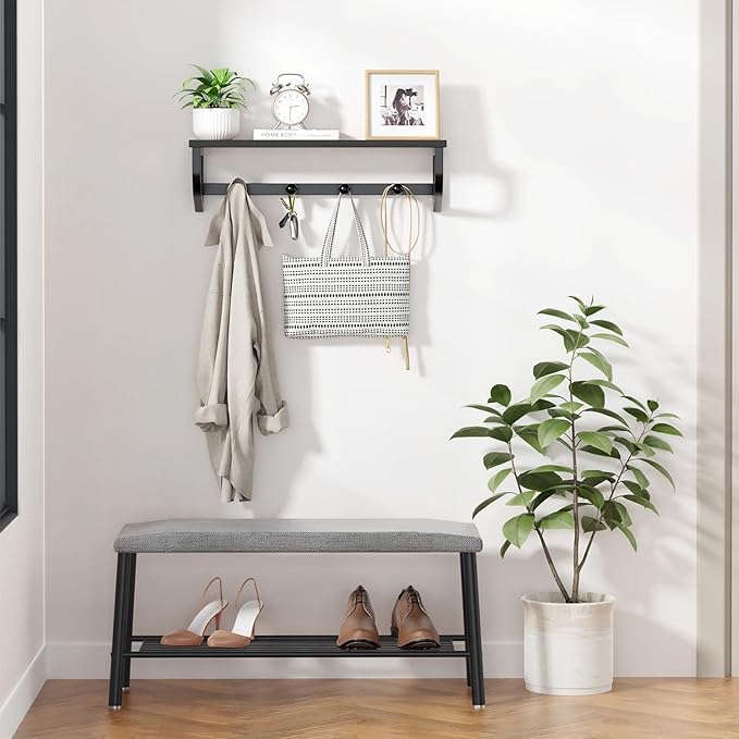 Coat Rack Wall Mount, Wood Wall Shelf with Hooks, Coat Hanger Wall Mount with 4 Metal Hooks, Wall Mounted Coat Rack Organizer for Entryway, Bedroom, Living Room, Room Decor, Black