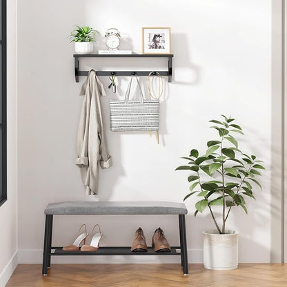 Coat Rack Wall Mount, Wood Wall Shelf with Hooks, Coat Hanger Wall Mount with 4 Metal Hooks, Wall Mounted Coat Rack Organizer for Entryway, Bedroom, Living Room, Room Decor, Black
