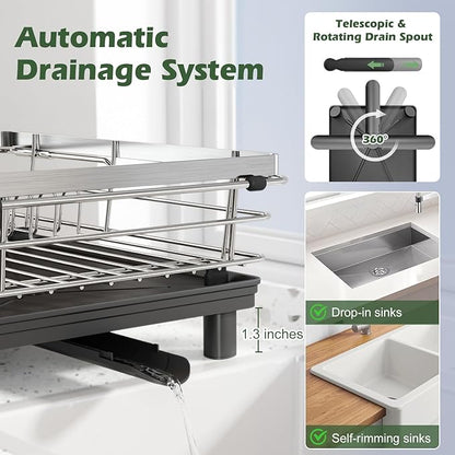 In Sink Dish Drying Rack, Expandable Over The Sink Dish Rack for Small Kitchen, Space Saving Stainless Steel Dish Drainer with Utensil Holder, 14.1"-21.2" L x 11"W, Small Plate Dryer Strainer, Silver