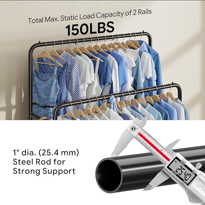 Simple Trending Clothing Clothes Rack Double Rods with Wheels, Rolling Metal Garment Rack for Hanging, Black
