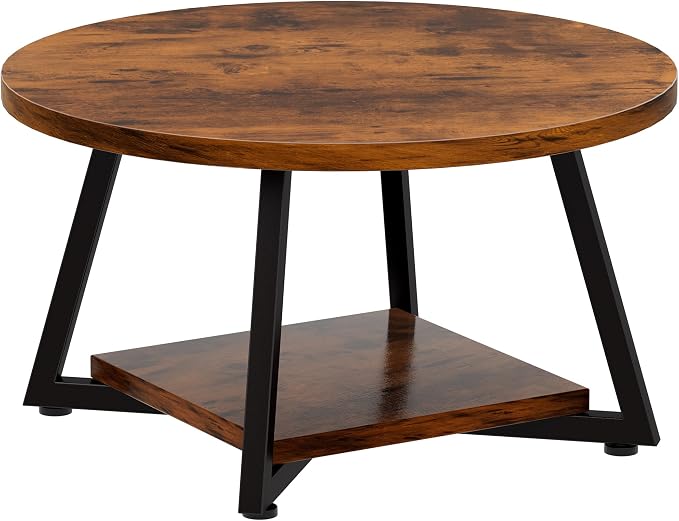 Round Coffee Table for Living Room, 27.6“ Circle Coffee Table, 2-Tier Industrial Coffee Tables with Storage, Wood Coffee Table, Modern Accent Table for Apartment, Office, Small Space, Rustic Brown