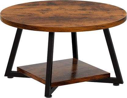 Round Coffee Table for Living Room, 27.6“ Circle Coffee Table, 2-Tier Industrial Coffee Tables with Storage, Wood Coffee Table, Modern Accent Table for Apartment, Office, Small Space, Rustic Brown