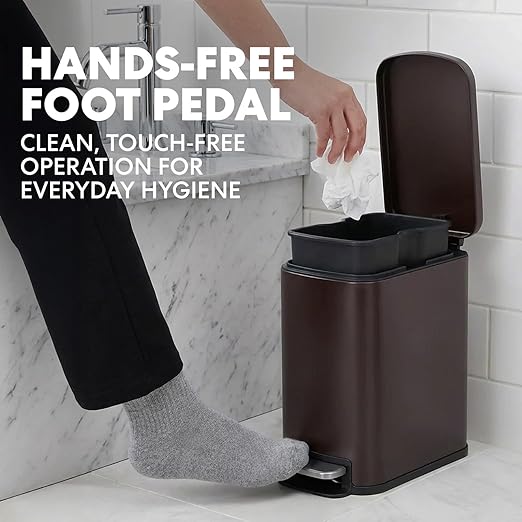 6L/1.6G Stainless Steel Bathroom Trash Can with Hands-Free Foot Pedal, Quiet Soft-Close Lid, Compact Space-Saving Size