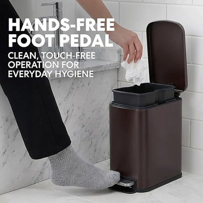 6L/1.6G Stainless Steel Bathroom Trash Can with Hands-Free Foot Pedal, Quiet Soft-Close Lid, Compact Space-Saving Size