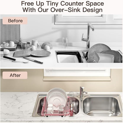 MAJALiS Pink Dish Drying Rack Over The Sink, Expandable Stainless Steel Dish Drainer for Small Kitchen Counter Space Saving, RV Compact Plate Strainer in Metal with Hanging Adjustable Utensil Holder
