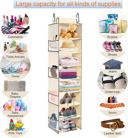2 Pack Large-Sized Hanging Shoe Organizer 8-Shelf, Hanging Closet Organizer with 8 Side Pockets, Wider Hanging Shelves for Storage Shoes Clothes 9" W × 11.8" D× 48" H, Beige.
