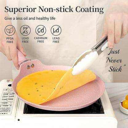 Innerwell 11 inch Nonstick Crepe Pan, Granite Coating Flat Skillet Dosa Tawa Tortilla Pan, Pink Large Pancake Griddle Comal Pan, Compatible with All Stovetops, PFOA Free