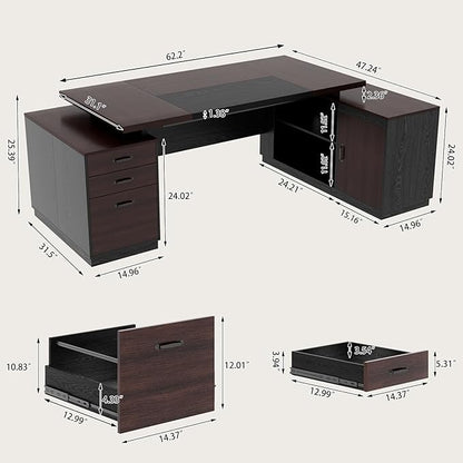 L Shape Executive Desk with Drawers and Storage Cabinet, Wooden Executive Office Desk for Home, Large Computer Table with Lateral File Cabinet for Studio, Dark Brown Black
