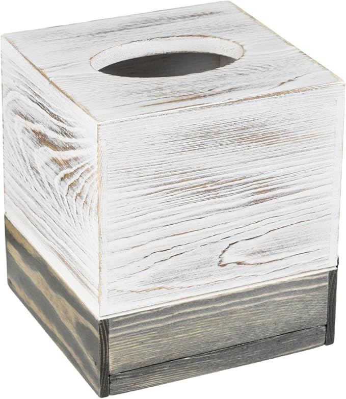 MyGift Coastal Chic Square Tissue Box Cover, Two-Tone Whitewashed Solid Wood Facial Tissue Box Dispenser Cover with Vintage Graywashed Base and Easy Slide-Out Bottom Panel, 5.5 x 5.5 x 6.3 Inches