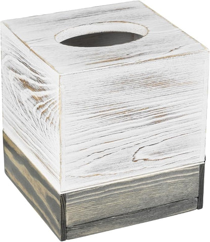 MyGift Coastal Chic Square Tissue Box Cover, Two-Tone Whitewashed Solid Wood Facial Tissue Box Dispenser Cover with Vintage Graywashed Base and Easy Slide-Out Bottom Panel, 5.5 x 5.5 x 6.3 Inches
