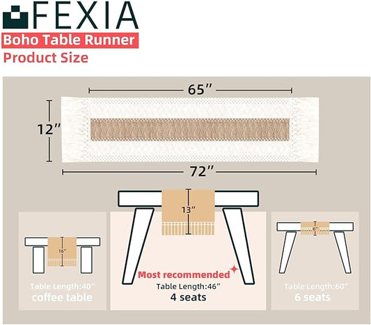 FEXIA Boho Table Runner for Home Decor with Tassels 72 Inches Farmhouse Long Pottery Barn Furniture Rustic Macrame Burlap Table Decoration for Living Room Bridal Shower (12x72 Inches)