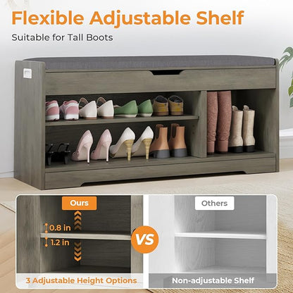 Farmhouse Shoe Storage Bench, Entryway Bench with Cushion Seat, Lift Top Storage, Adjustable Shelf, 3 Doors, 330 lbs Capacity, Storage Bench for Entryway, Bedroom, Living Room (Grey)