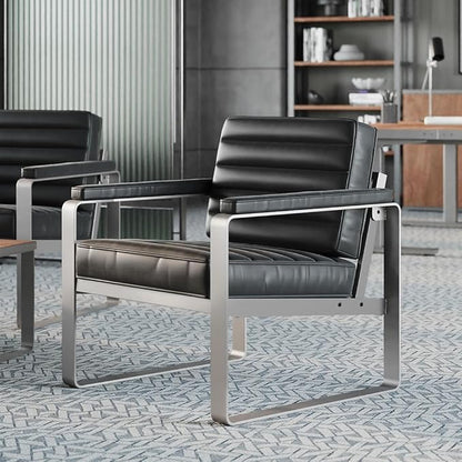 NBF Rivet Office Lounge Chair with Armrest- Ergonomic Office Guest Chairs with Dillon Black Polyurethane - Reception Chairs with Charcoal Metal Frame - Conference Room Chairs (Black, Charcoal)