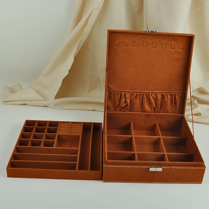 Jewelry Boxes 10 x 10 Inches 2-layer Handle Necklace Holder Organizer Jewellery Women Rings Storage Display Girls Earrings Case Lockable Jewelry Tray GY641 (Caramel)