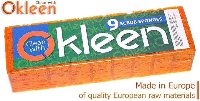 Orange Multi Use Scrub Sponge. Made in Europe. 18 Pack, 4.3x2.8x1.4 inches. Odorless Heavy Duty and Non Scratch Fiber. Durable and Delicate Scrubber for Oven and Stove, Bathroom and Basement