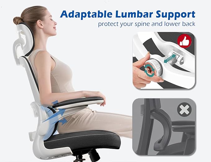 TRALT Ergonomic Office Chair - Desk Chair with Adjustable Headrest Lumbar Support Computer Chair - Mesh Comfy Chair with Flip-up Armrests - Gaming Chairs for Adults Home Office (Leather, Black White)