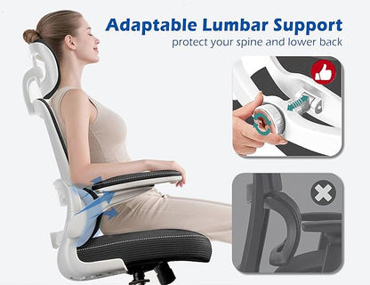TRALT Ergonomic Office Chair - Desk Chair with Adjustable Headrest Lumbar Support Computer Chair - Mesh Comfy Chair with Flip-up Armrests - Gaming Chairs for Adults Home Office (Leather, Black White)