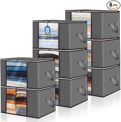 Pterying 8Pack Closet Organizers and Storage Bags with Clear Window & Reinforced Handle, Foldable Clothes Storage Bins with Zippers for Comforter, Blankets, Bedding