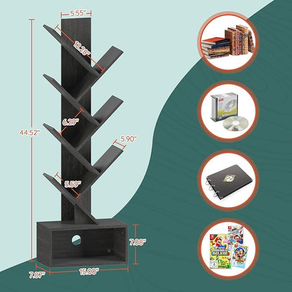 Yoobure Tree Bookshelf - 6 Shelf Retro Floor Standing Bookcase, Tall Wood Book Storage Rack for CDs/Movies, Utility Book Organizer Shelves for Bedroom, Living Room, Home Office, Dark Grey