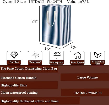 Waterproof Laundry Hamper 75L Collapsible Laundry Basket Extended Cotton Handle Laundry Bag Large Clothes Storage Toy Organization for Bathroom Bedroom Laundryroom College Dorms