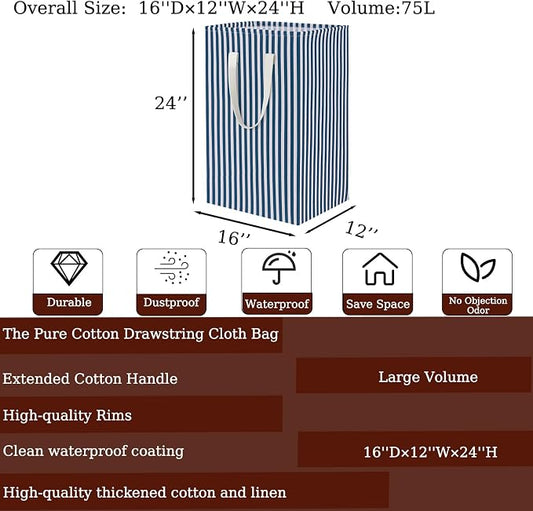 Waterproof Laundry Hamper 75L Collapsible Laundry Basket Extended Cotton Handle Laundry Bag Large Clothes Storage Toy Organization for Bathroom Bedroom Laundryroom College Dorms