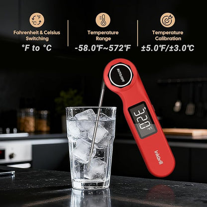 Rechargeable 0.5 Seconds Instant Read Meat Thermometer for Cooking, ±0.5℉ Accuracy Digital Food Thermometer with Large Screen, Waterproof Kitchen Thermometer for Grilling Frying BBQ