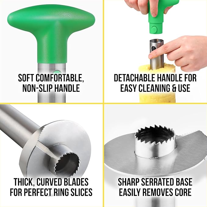 Zulay Kitchen Pineapple Corer and Slicer Tool – Stainless Steel Pineapple Cutter with Eye Remover Tool – Ergonomic Handle & Easy Core Remover – Reinforced Heavy-Duty Blade – Green