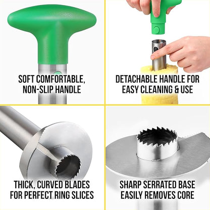 Zulay Kitchen Pineapple Corer and Slicer Tool – Stainless Steel Pineapple Cutter with Eye Remover Tool – Ergonomic Handle & Easy Core Remover – Reinforced Heavy-Duty Blade – Green