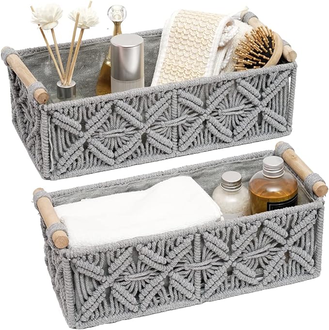 Macrame Storage Basket Boho Decor Baskets for Organizing Woven Decorative for Countertop Toilet Paper Basket for Tank Top for Home Decor Bedroom Nursery Livingroom Entryway (Set of 2,Grey)