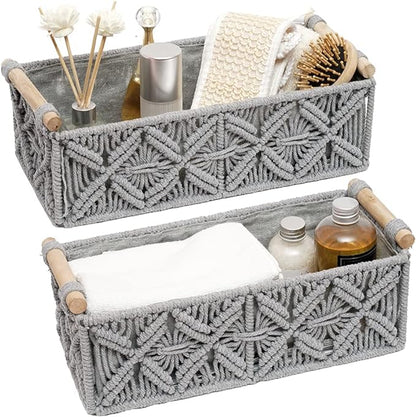 Macrame Storage Basket Boho Decor Baskets for Organizing Woven Decorative for Countertop Toilet Paper Basket for Tank Top for Home Decor Bedroom Nursery Livingroom Entryway (Set of 2,Grey)