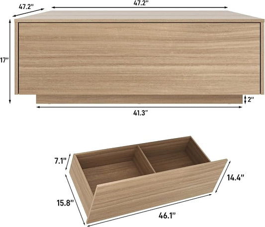47” Square Coffee Table with Storage, 47" D x 47" W x 17" H Modern Large Square Center Table with 2 Drawers,Wood Coffee Table for Living Room,Bedroom（Light Brown）
